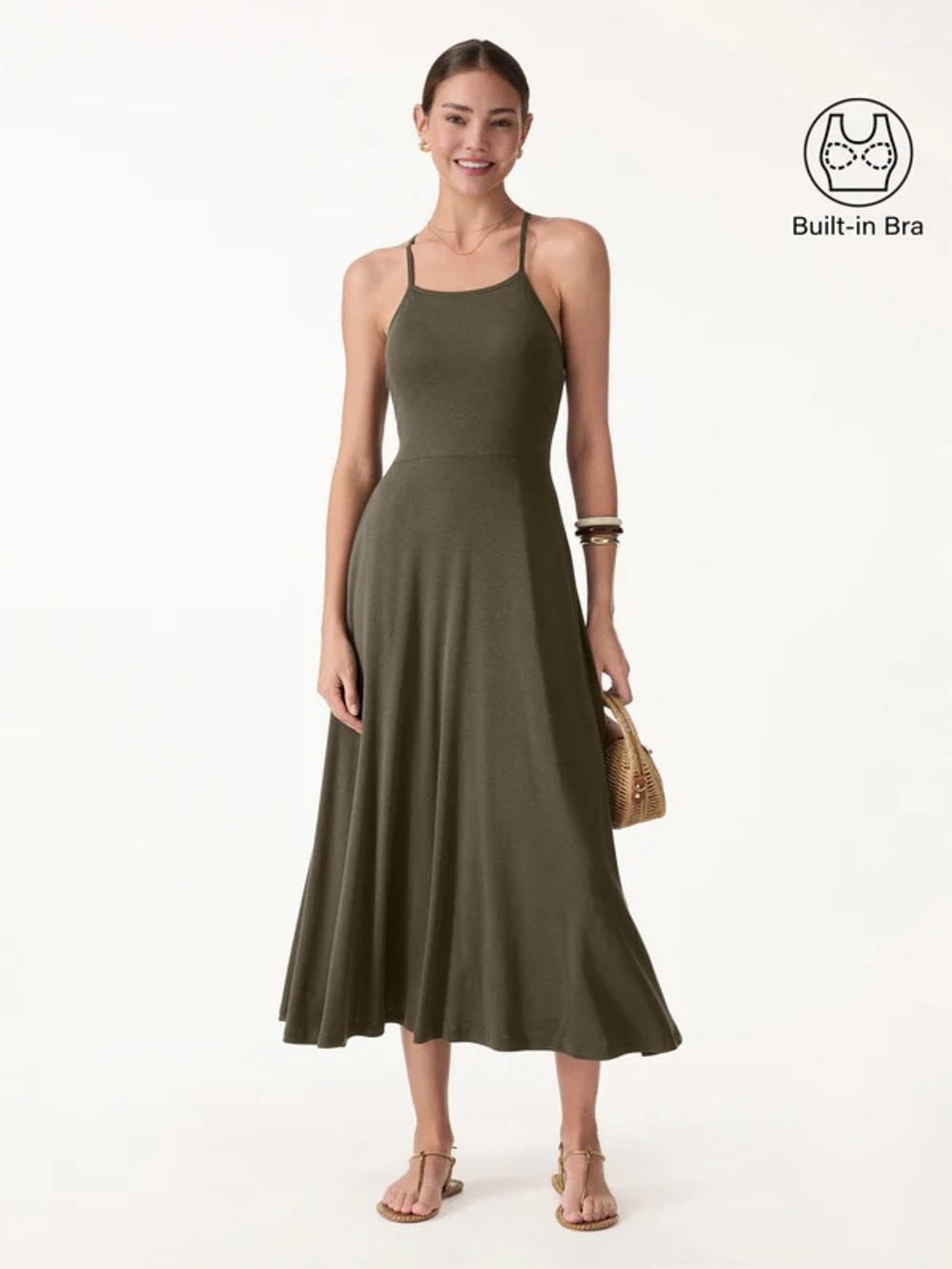 OGL Soft Linen Knit Spaghetti Midi Bra Dress